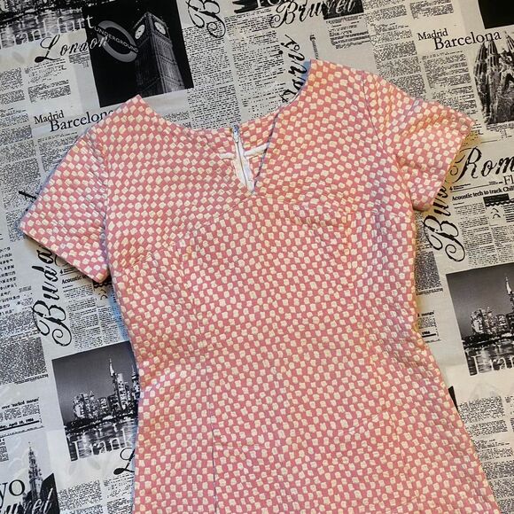 Women's Pink white checkerboard quilt midi dress vintage handmade 60s mod - Picture 1 of 4